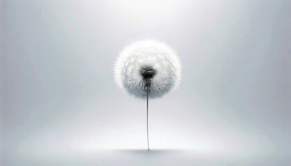 A single delicate dandelion head stands out sharply against a soft, neutral background, symbolizing simplicity, fragility and the transience of nature. Nature's beauties concept. AI generated.