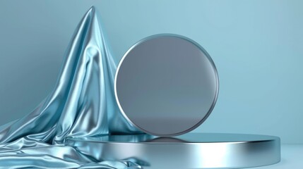 Podium pedestal, round silver circle, silky cloth in motion on pastel blue background for product presentation or showcase empty mockup