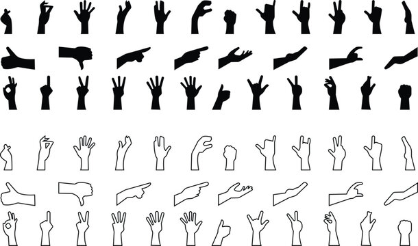 Hand gestures flat or line icon set. Included, fingers interaction, pinky swear, forefinger point, greeting, pinch, hand washing, emojis, gestures, stickers, emoticons black vector collection isolated
