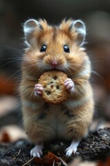 Hungry pet hamster eats cookies indoors