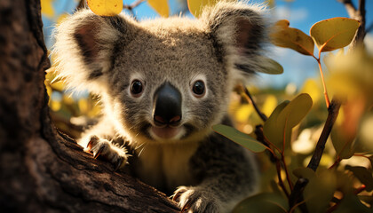 Cute koala sitting on branch, looking at camera in forest generated by AI