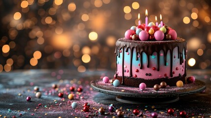 Birthday cake with a sweets, cream, candles, confectionery topping on a backgrounds with lights bokeh. - obrazy, fototapety, plakaty