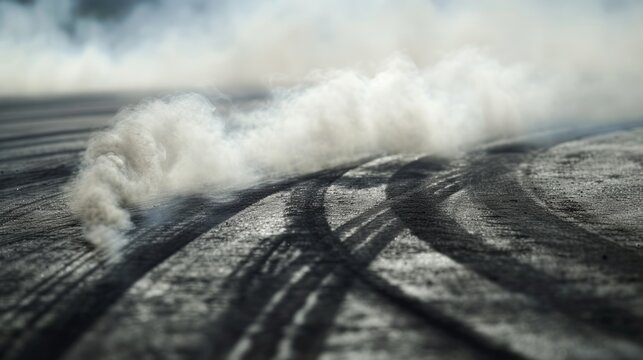 Aerial view abstract background with tire marks and smoke on race track. Generative Ai