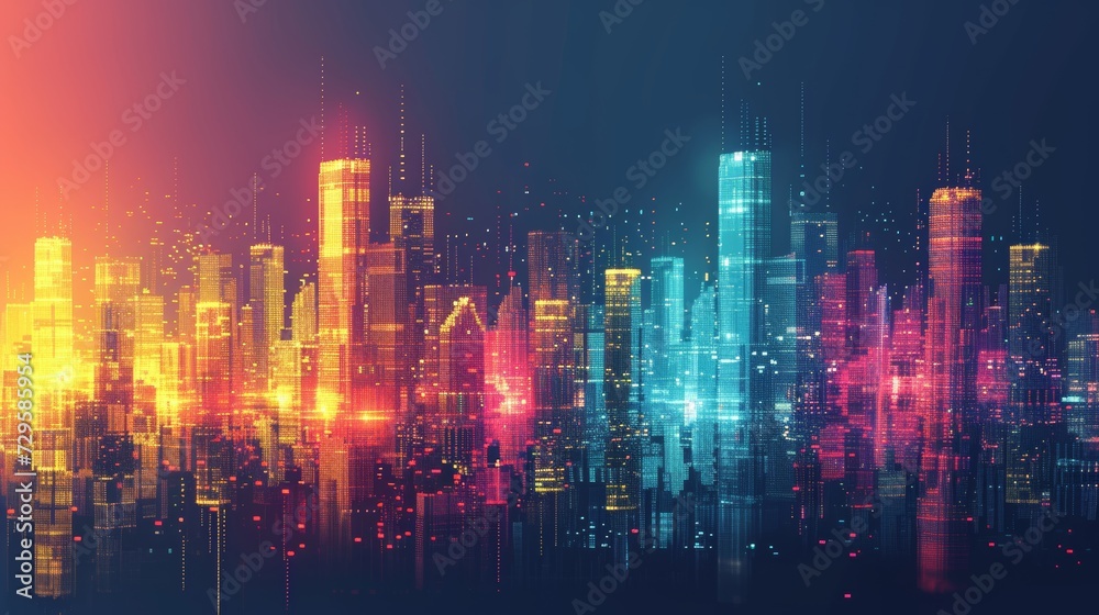 Wall mural a digital cityscape with skyscrapers made of pixel blocks in vibrant colors - Wall murals
