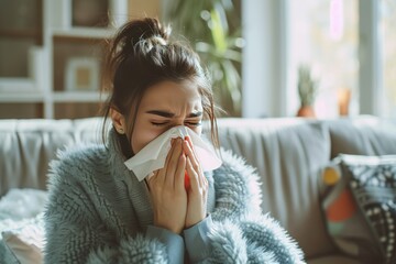 sick woman who has the flu blows her nose into a tissue, sneezes into a napkin