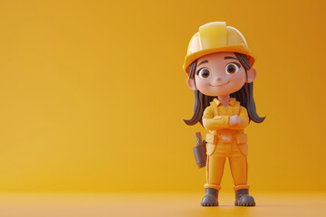 3D style cute cartoon character of a female construction worker against a bright color background
