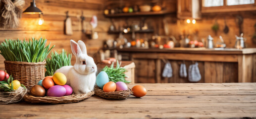 Obraz na płótnie Canvas Adorable white easter bunny and basket with colorful easter eggs on wooden tabletop at cozy rustic kitchen in cabin, out of focus background, wide banner with copy space for text