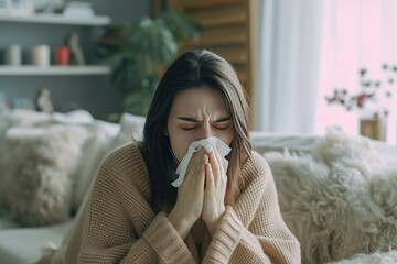sick woman who has the flu blows her nose into a tissue, sneezes into a napkin