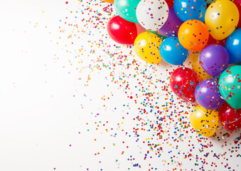 colorful balloons and confetti for a holiday celebration like birthday anniversary, wallpaper background for ads or gifts wrap and web design, white blank wall