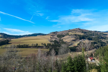 Alpine meadow in West Styrian highland in Voitsberg, Styria, Austria. Hiking in remote landscape of...