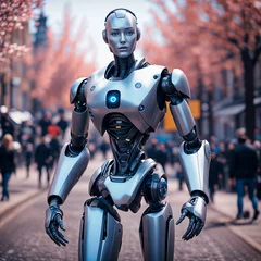 Gardinen A humanoid robot with glowing blue eyes stands in a crowded city street © Fabio Levy