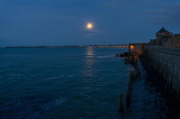 Full moon with flood at Saint-Malo, France
