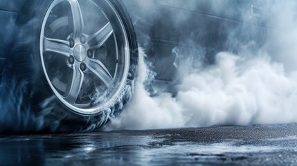 Car burnout wheels tire with white smoke, Blurred image diffusion race drift car with lots of smoke from burning tires on speed track. Generative Ai - obrazy, fototapety, plakaty