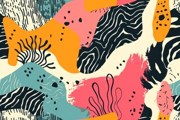 Seamless background with abstract shapes and organic patterns, bold colors, dynamic lines and asymmetric designs.