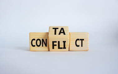 Contact and Conflict symbol. Wooden cubes with words Contact and Conflict. Beautiful white background. Contact and Conflict and business concept. Copy space