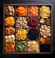 large assortment of different types of nuts in wooden boxes for the supermarket. vegan food. natural vitamins. top view