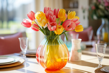 Orange pink yellow tulips bouquet in glass vase on the table, blurred background, still life - Powered by Adobe