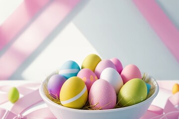 Fototapeta na wymiar Easter eggs in a basket on pastel background.