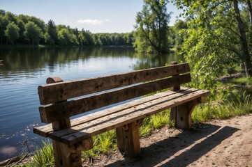 Fototapeta na wymiar A wooden bench sits empty by a body of water.