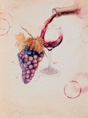 Watercolor drawing of a glass of red wine with a bunch of grapes and artistic splashed background. Copy space.  - 729587549