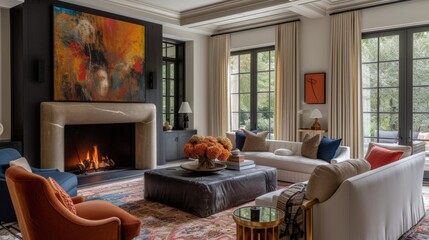 A chic living area with a statement fireplace, plush seating, and pops of color