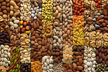 Naklejka premium large assortment of different types of nuts in wooden boxes for the supermarket. vegan food. natural vitamins. top view