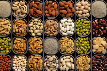 large assortment of different types of nuts in wooden boxes for the supermarket. vegan food. natural vitamins. top view