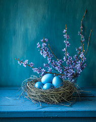 Minimal blue color easter decorative concept, painted quail eggs muted color style, vintage home made wooden details. Festive atmosphere.
