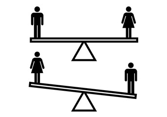 Icono de balanza equilibrada y desequilibrada entre hombre y mujer. - obrazy, fototapety, plakaty