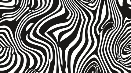 A black and white 2D contour showcases waves, swirls, and twisted patterns in a trendy retro psychedelic style, producing a twisted and distorted flat texture. This simple monochrome image represents 
