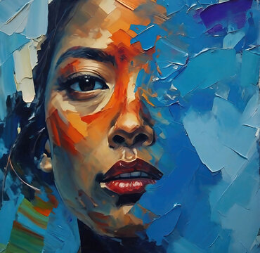 Oil painting of beautiful young african american woman with painted face. Blue, orange brush strokes 