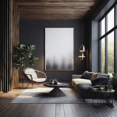 Modern dark home interior background, wall mock up, 3d render	
