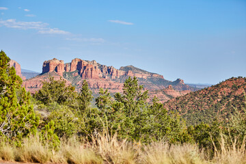 Sedona Red Rock Cliffs and Desert Vegetation under Blue Sky
