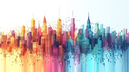 A digital cityscape with skyscrapers made of pixel blocks in vibrant colors