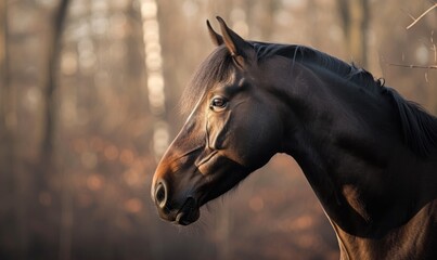 Beautiful bay horse in the autumn forest. Portrait of a horse. closeup