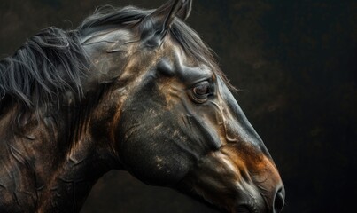 Portrait of a bay horse on a black background, close-up
