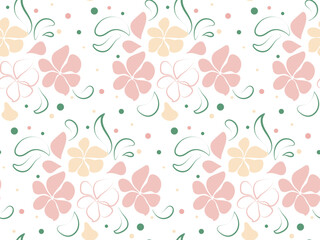 Spring floral pattern. Seamless vector pattern in flat style. Stylish pink and yellow flowers with green leaves. Cute background for cards, textiles, covers, banners, invitations, wrapping paper
