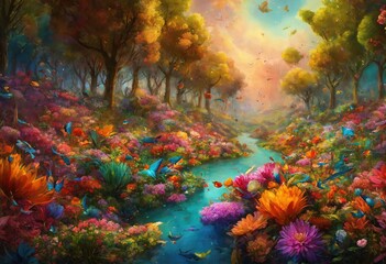 Fototapeta na wymiar fantastic drawn bright multicolored landscape with a blue river and banks, on which grow magnificent flowers, positive mood
