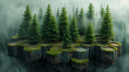 Surreal Landscape, Floating Island with Dense Pines Amidst Misty Glow