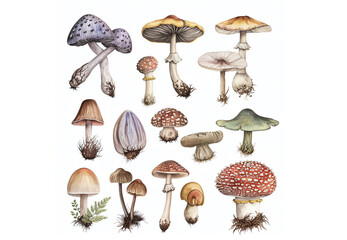 Different types and varieties of mushrooms on a white background