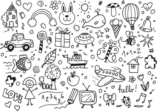 Kids doodles, hand drawn elements on white background
