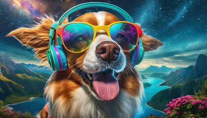 Funny cute dog with colorful podcast headphones and sunglasses, colorful sky in background
