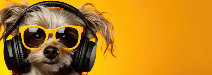 Dog wearing headphones and modern sunglasses listens to music on a yellow background. Banner. funny...