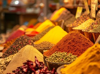 Colorful display of various spices and herbs at a market, arranged in bowls. © Artsaba Family
