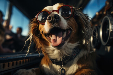 Happy dog in glasses and headphones plays dj console.Dog DJ. Nightlife, party. Funny meme
