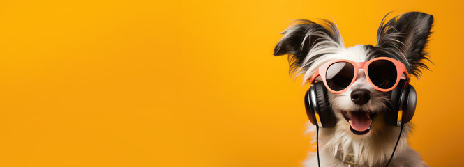 Happy dog wearing headphones and modern sunglasses listens to music on a yellow background. Banner....