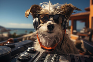 Obraz premium Happy dog in glasses and headphones plays dj console.Dog DJ. Nightlife, party. Vacation. Funny meme