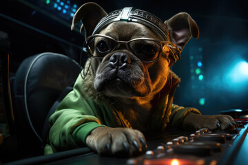 Dog in glasses and headphones plays dj console.Dog DJ. Nightlife, party. Funny meme