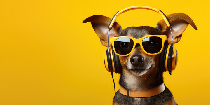 Happy dog wearing headphones and modern sunglasses listens to music on a yellow background. Banner. funny meme