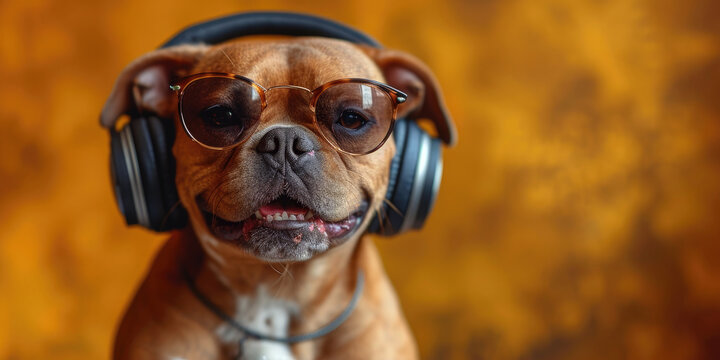 Happy dog wearing headphones and modern sunglasses listens to music on a yellow background. Banner. funny meme